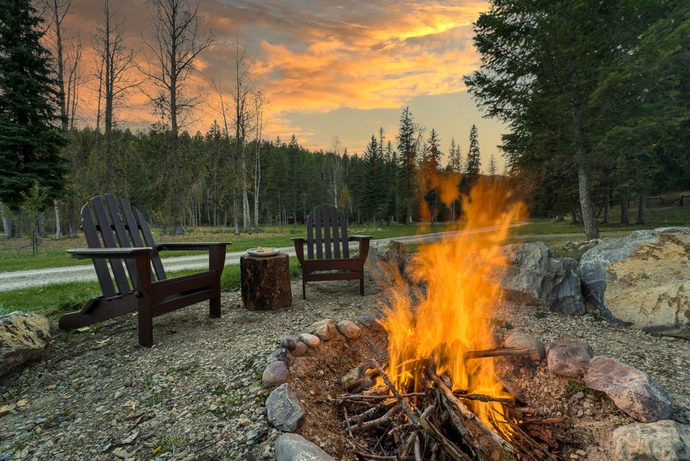 Stone fire pit at sunset