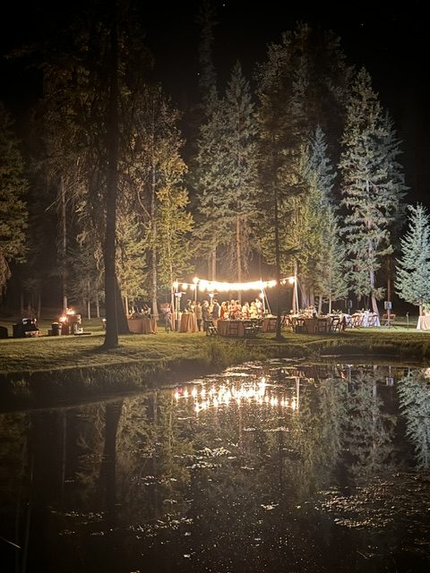Reception lights reflected in the pond after dark