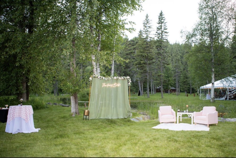 A lounge set up on the green lawn under tall pines in summer